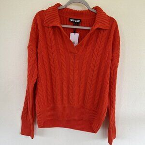 DKNY Cable Sweater XLARGE Knit pullover V-Neck Long-Sleeve Orange Tangerine NWT